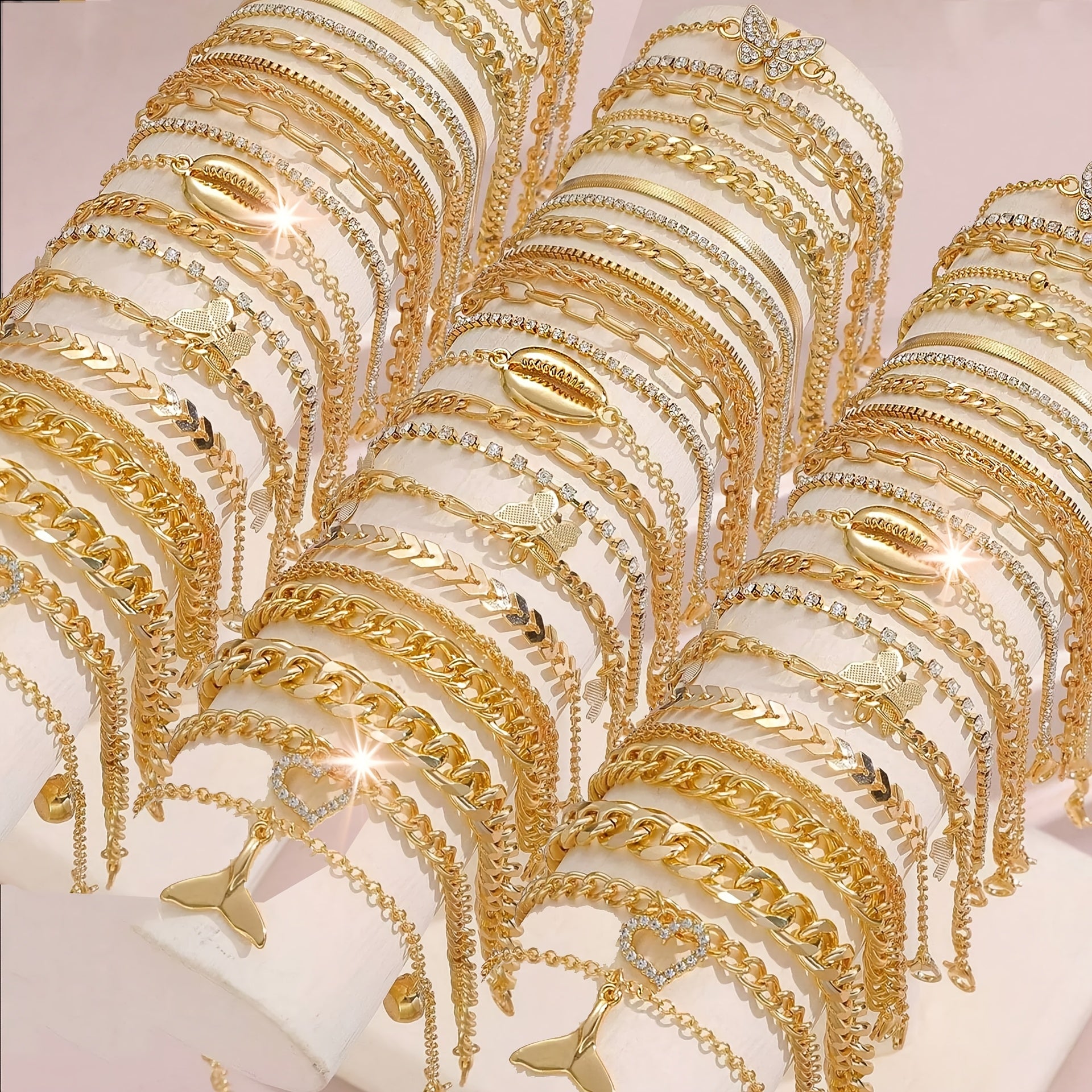 22pcs/set or 44pcs Bohemian Vintage Multi-Style Heart Synthetic Zirconia Butterfly Women's Stackable Anklet Set, Perfect for Casual Attire or Holiday Gift